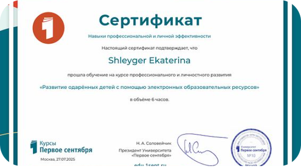Сертификат по развитию одарённых детей